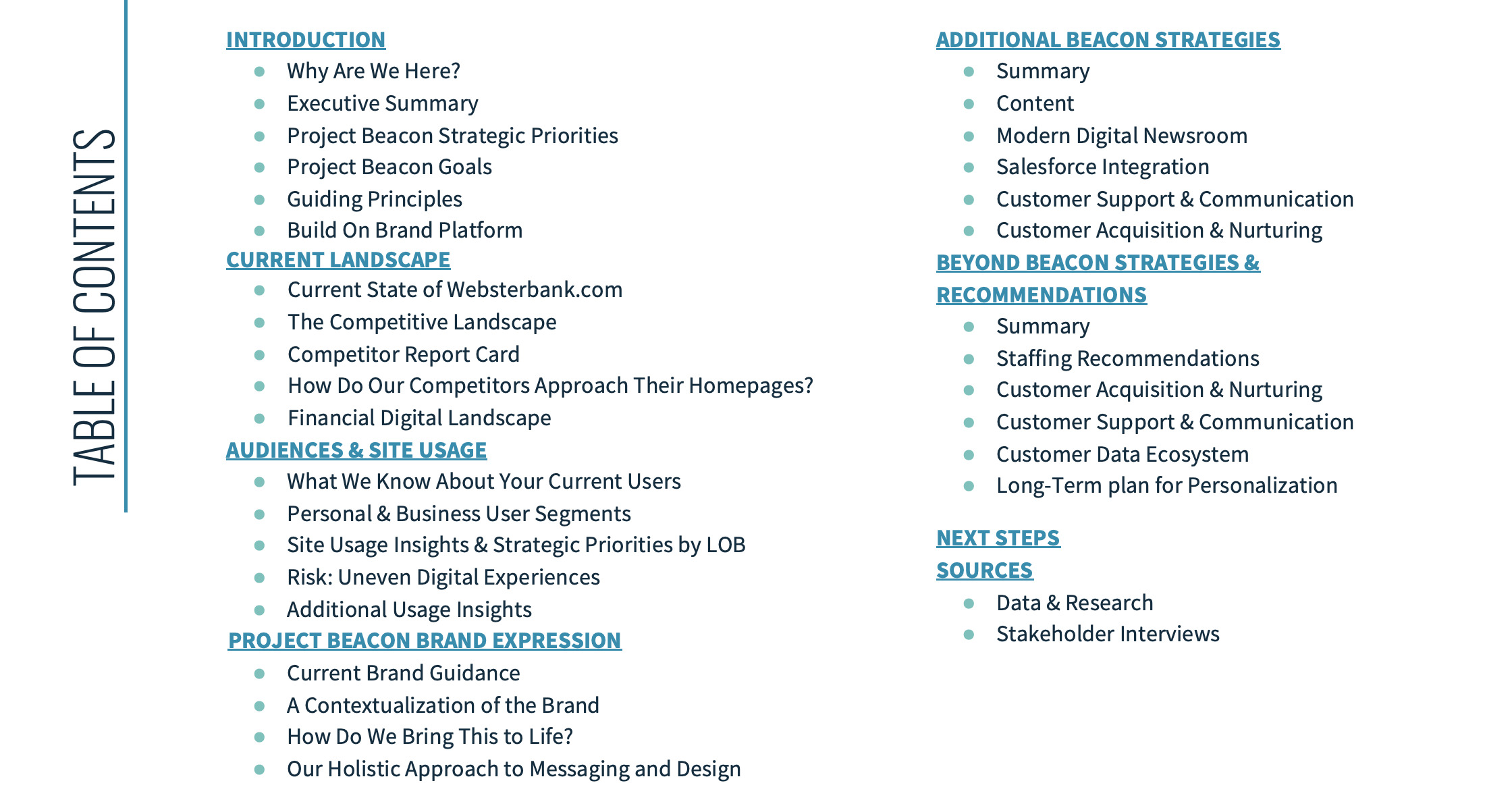 Project Beacon strategy document - table of contents